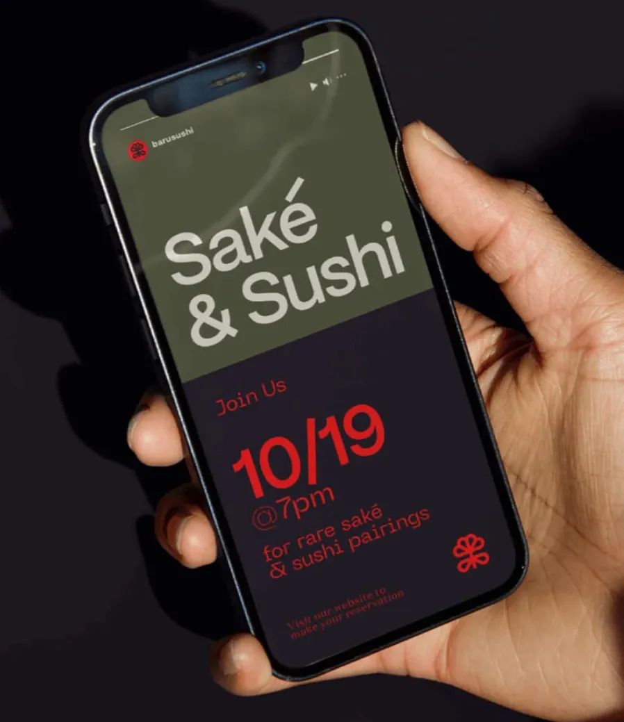 A Baru Sushi saké and sushi pairing promo on a phone