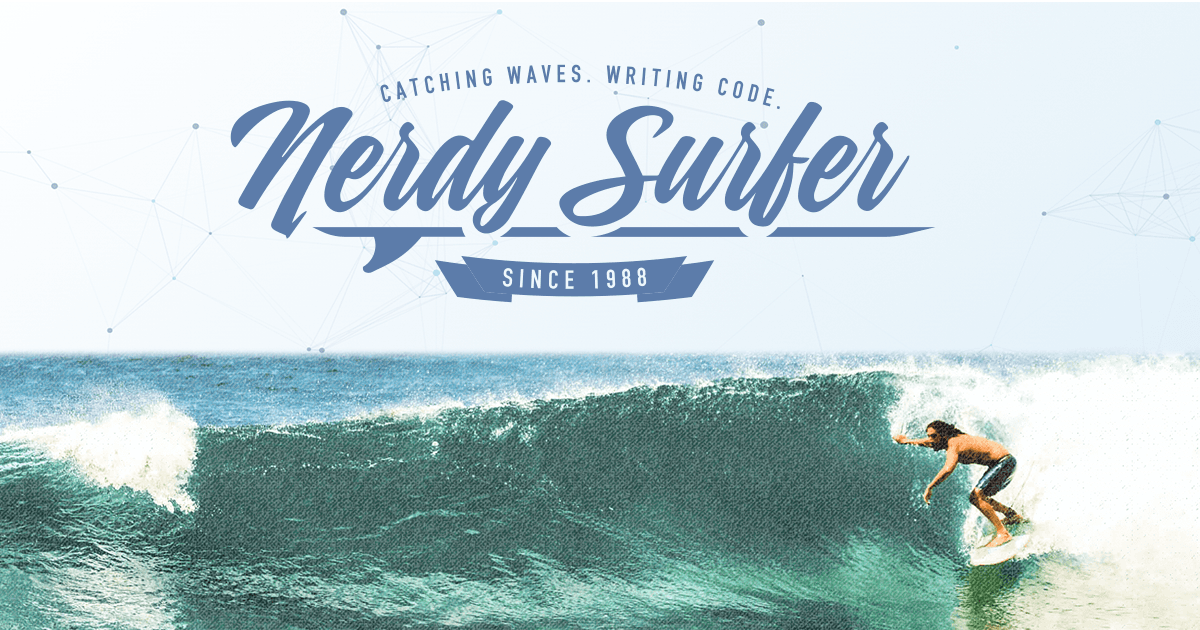 The Nerdy Surfer logo above a surfer riding a wave