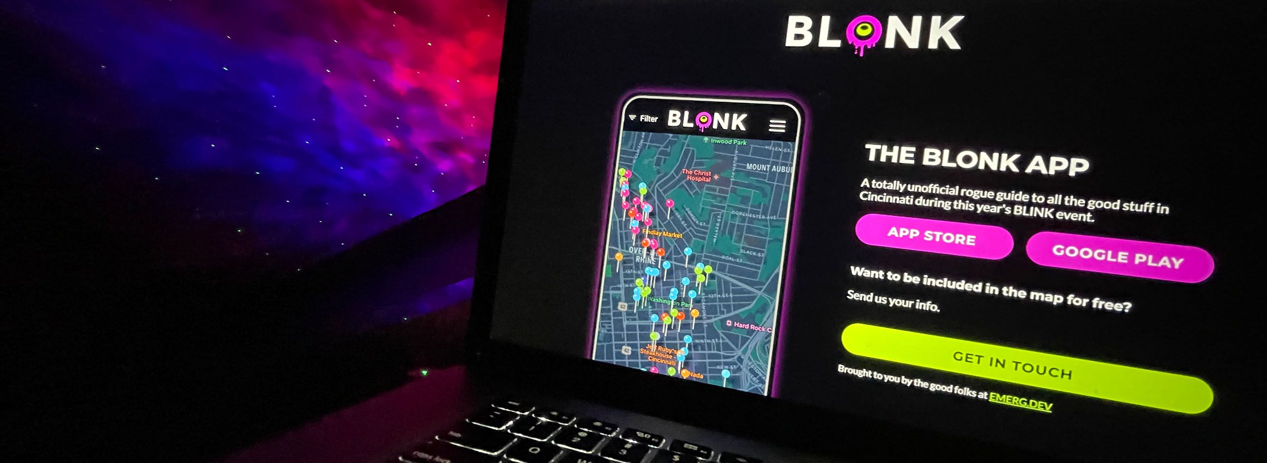 The Blonk landing page on a laptop, glowing under a starry night-light