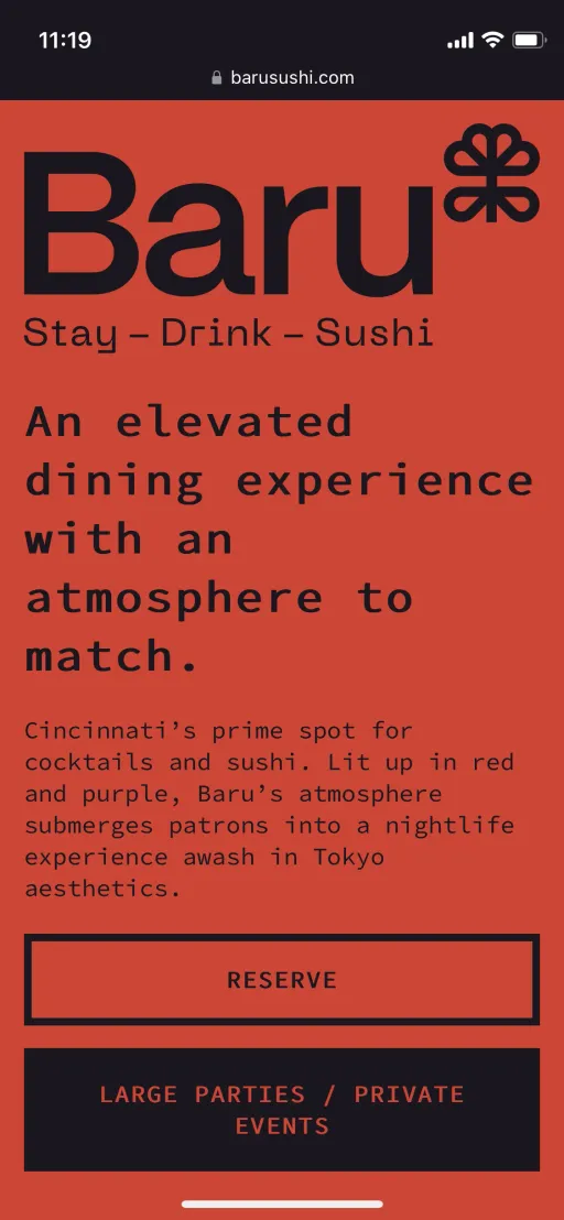 Baru Sushi home page on mobile: Stay, Drink, Sushi, with a reserve button