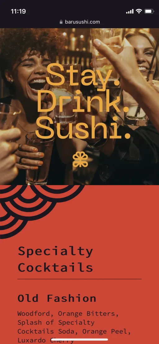 Baru Sushi specialty cocktails menu on mobile