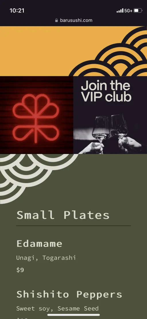 Baru Sushi VIP club sign-up and small plates menu on mobile