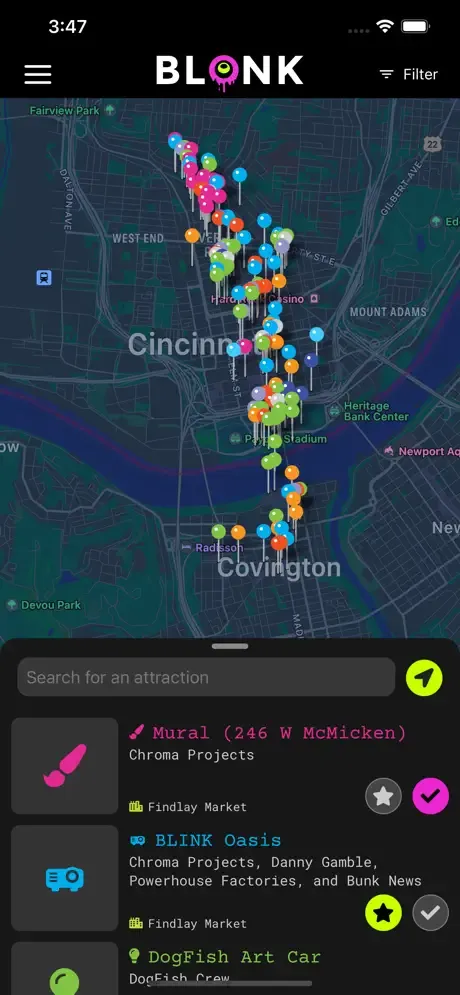 Blonk map of Cincinnati dotted with attraction pins and a searchable list below