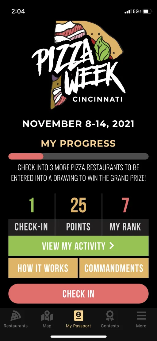 Pizza Week passport tracking check-ins, points and rank